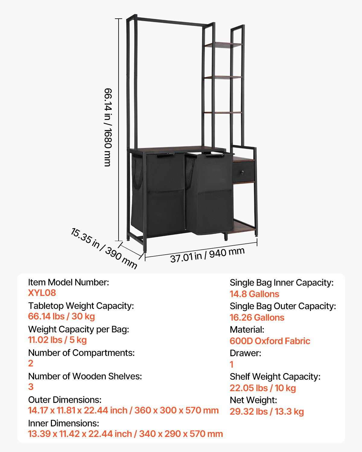 3 Tiers Laundry Sorter with Rack, Tall Laundry Hamper with Shelves and Drawers, 2 Section Freestanding Hanging Rack Storage with 600D Oxford Cloth Bags and Ladder Shelves for Dirty Clothes