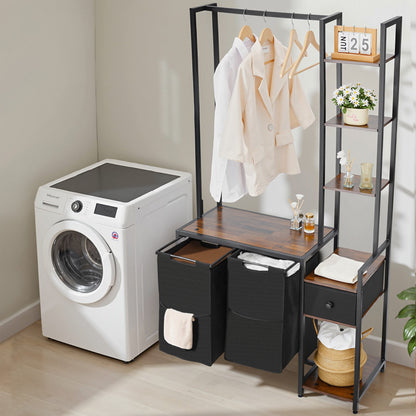3 Tiers Laundry Sorter with Rack, Tall Laundry Hamper with Shelves and Drawers, 2 Section Freestanding Hanging Rack Storage with 600D Oxford Cloth Bags and Ladder Shelves for Dirty Clothes