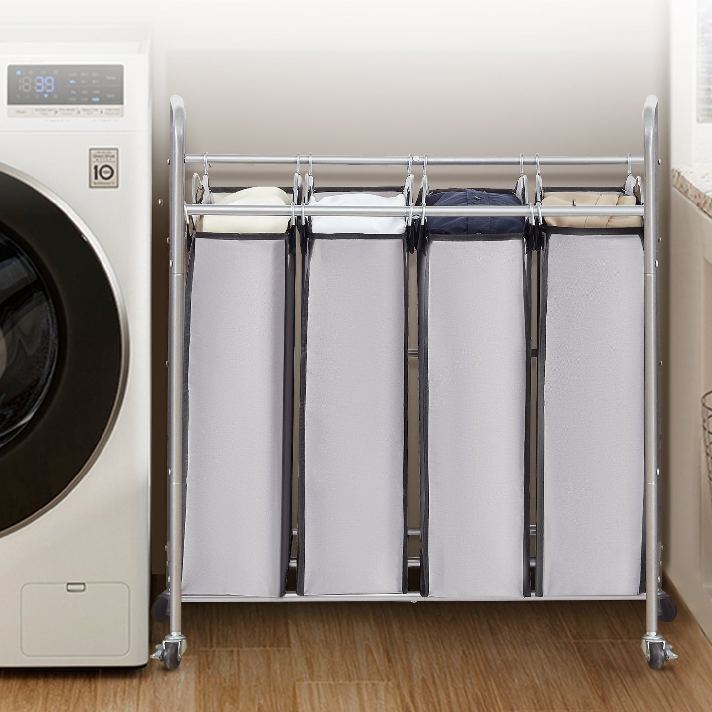 Laundry Sorter Cart 4 Section, Laundry Hamper with Heavy Duty Lockable Wheels and 4 Removable Bags, Rolling Laundry Basket Sorter for Clothes Storage