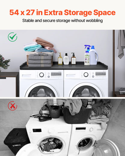 Washer Dryer Countertop, 54" x 27" Wooden Washer and Dryer Countertop, Water-Resistant Laundry Machine Topper Cover with Anti-Slip Pads, for Laundry Room Organization and Storage, Black