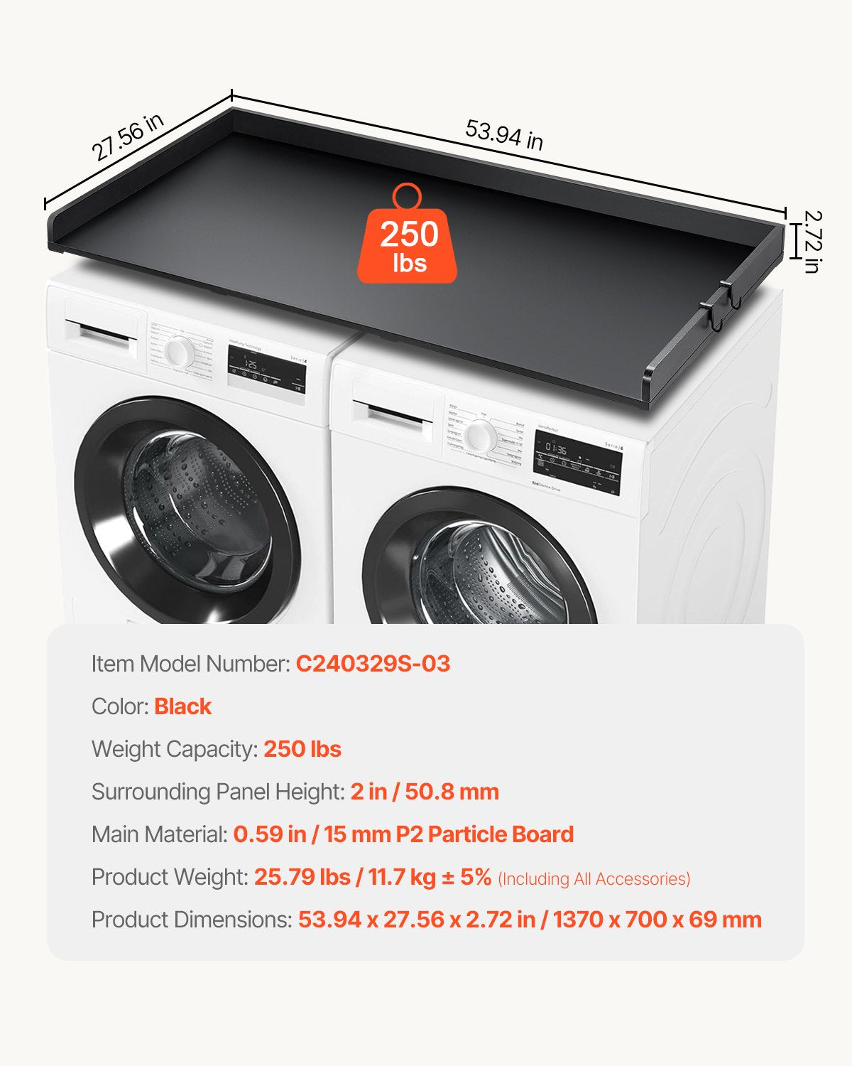 Washer Dryer Countertop, 54" x 27" Wooden Washer and Dryer Countertop, Water-Resistant Laundry Machine Topper Cover with Anti-Slip Pads, for Laundry Room Organization and Storage, Black