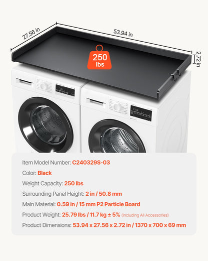 Washer Dryer Countertop, 54" x 27" Wooden Washer and Dryer Countertop, Water-Resistant Laundry Machine Topper Cover with Anti-Slip Pads, for Laundry Room Organization and Storage, Black