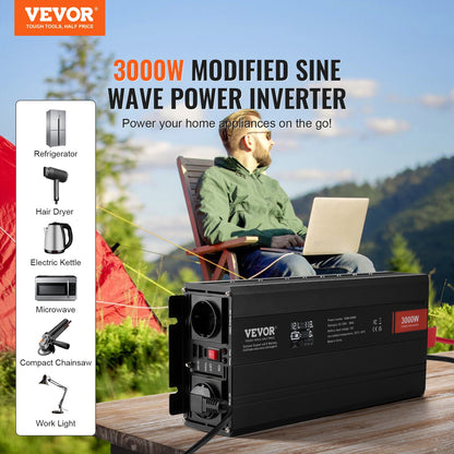 Modified Sine Wave Inverter, 3000Watt, DC 12V to AC 230V LCD Display Power Inverter with 3 AC Outlets 2 USB Port 1 Type-C Port 10 Spare Fuses, for Large Household Equipment, CE FCC Certified