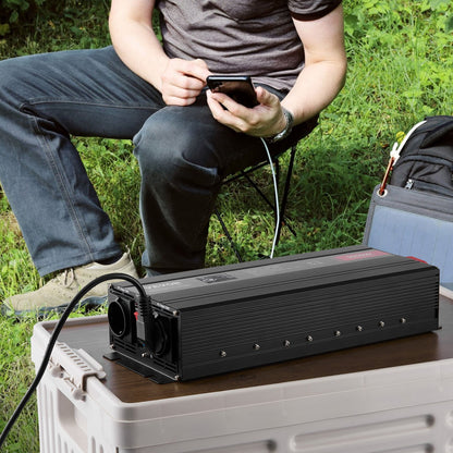 Modified Sine Wave Inverter, 3000Watt, DC 12V to AC 230V LCD Display Power Inverter with 3 AC Outlets 2 USB Port 1 Type-C Port 10 Spare Fuses, for Large Household Equipment, CE FCC Certified