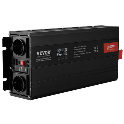 Modified Sine Wave Inverter, 3000Watt, DC 12V to AC 230V LCD Display Power Inverter with 3 AC Outlets 2 USB Port 1 Type-C Port 10 Spare Fuses, for Large Household Equipment, CE FCC Certified
