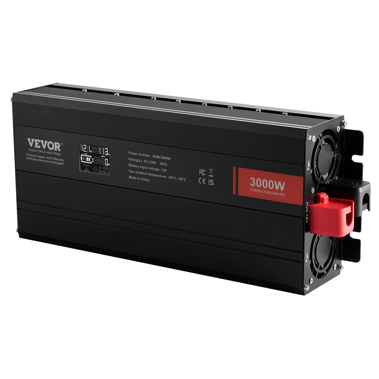 Modified Sine Wave Inverter, 3000Watt, DC 12V to AC 230V LCD Display Power Inverter with 3 AC Outlets 2 USB Port 1 Type-C Port 10 Spare Fuses, for Large Household Equipment, CE FCC Certified