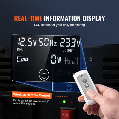 Modifizierter Sinus-Wechselrichter, 5000 W, 12 V DC auf 230 V AC, mit 2 AC-Steckdosen, 2 USB-Anschlüssen, 1 USB-C-Anschluss, LCD-Display und Fernbedienung für Haushaltsgeräte mit hohem Stromverbrauch, CE- und FCC-zertifiziert