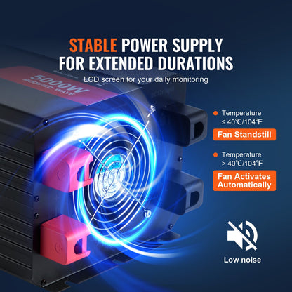 Modifizierter Sinus-Wechselrichter, 5000 W, 12 V DC auf 230 V AC, mit 2 AC-Steckdosen, 2 USB-Anschlüssen, 1 USB-C-Anschluss, LCD-Display und Fernbedienung für Haushaltsgeräte mit hohem Stromverbrauch, CE- und FCC-zertifiziert