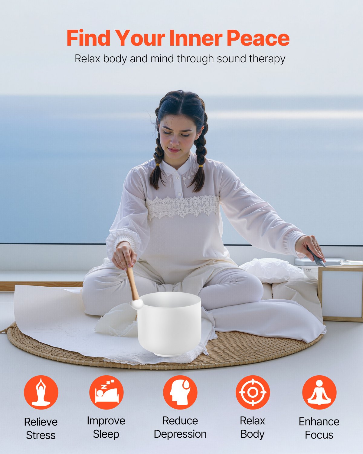 Crystal Singing Bowl, 8-inch F Note Heart Chakra Singing Bowl, Portable Frosted Quartz Singing Bowl with Rubber Mallet, O-Ring and 8" Carrying Bag, Perfect for Meditation Yoga Sound Healing Bath