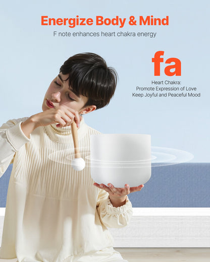 Crystal Singing Bowl, 8-inch F Note Heart Chakra Singing Bowl, Portable Frosted Quartz Singing Bowl with Rubber Mallet, O-Ring and 8" Carrying Bag, Perfect for Meditation Yoga Sound Healing Bath