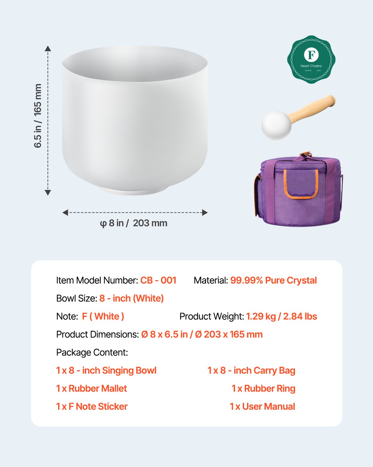 Crystal Singing Bowl, 8-inch F Note Heart Chakra Singing Bowl, Portable Frosted Quartz Singing Bowl with Rubber Mallet, O-Ring and 8" Carrying Bag, Perfect for Meditation Yoga Sound Healing Bath