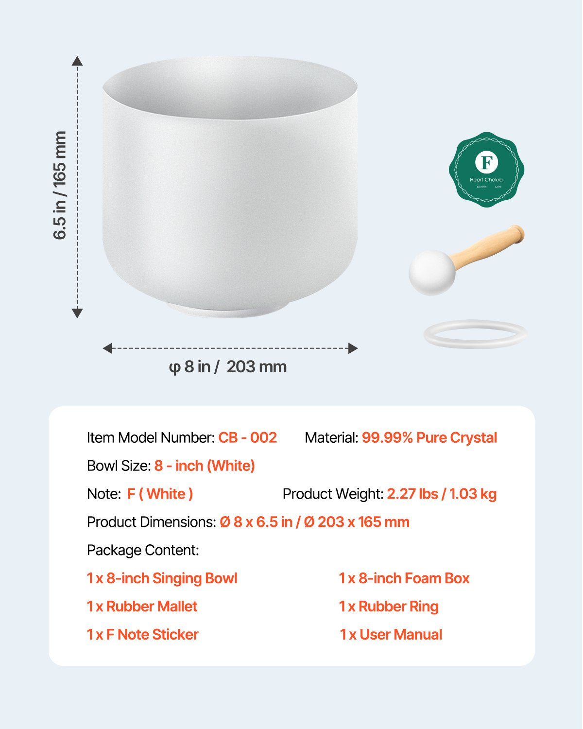 Crystal Singing Bowl, 8-inch F Note Heart Chakra Singing Bowl, Frosted Quartz Singing Bowl with Rubber Mallet and O-Ring, Perfect for Meditation, Yoga, Sound Baths, Sound Healing