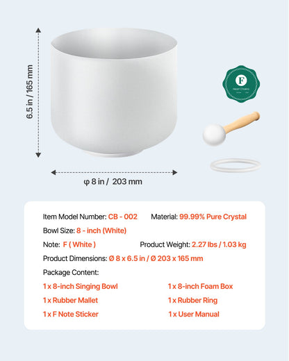 Crystal Singing Bowl, 8-inch F Note Heart Chakra Singing Bowl, Frosted Quartz Singing Bowl with Rubber Mallet and O-Ring, Perfect for Meditation, Yoga, Sound Baths, Sound Healing