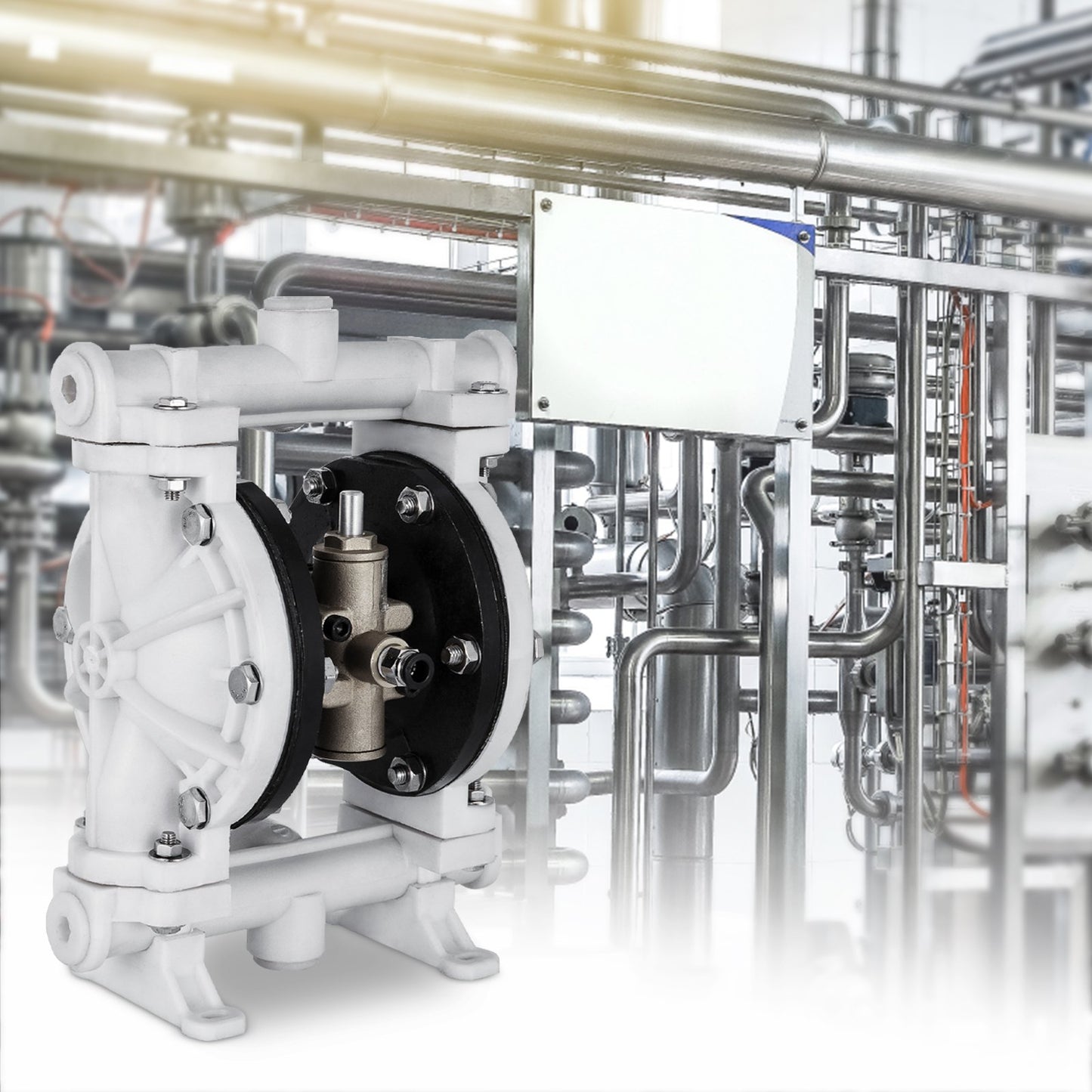 Air-Operated Double Diaphragm Pump, Inlet & Outlet, Polypropylene Body, 9.46 L/min, PTFE Diaphragm Pneumatic Transfer Pump for Petroleum, Diesel, Oil & Low Viscosity Fluids