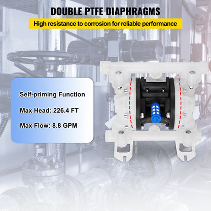Doppelmembran-Luftpumpe, 7 GPM, 100 PSI, Polypropylen-Membran-Wasserpumpe mit 1,3 cm Ein- und Auslassöffnungen, max. Förderhöhe 6900,7 cm, luftbetriebene Membranpumpe mit abgedichtetem Kugelventil