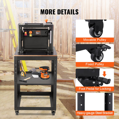 Planer Stand, 100 lbs/ 45 kg heavy loads, Three-Gear Height Adjustable thickness planer table,with 4 Stable Casters & Storage Space, for most planers, saws, bench-top machines, power tools