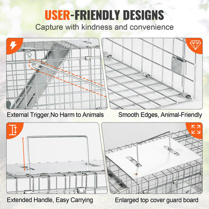 Live Animal Cage Trap, 61 x 20.3 x 20.3 cm Humane Cat Trap Galvanized Iron, Folding Animal Trap with Handle for Rabbits, Stray Cats, Squirrels, Raccoons, Groundhogs and Opossums