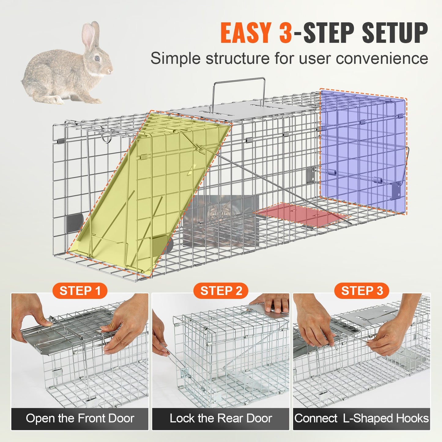Live Animal Cage Trap, 61 x 20.3 x 20.3 cm Humane Cat Trap Galvanized Iron, Folding Animal Trap with Handle for Rabbits, Stray Cats, Squirrels, Raccoons, Groundhogs and Opossums