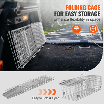 Live Animal Cage Trap, 61 x 20.3 x 20.3 cm Humane Cat Trap Galvanized Iron, Folding Animal Trap with Handle for Rabbits, Stray Cats, Squirrels, Raccoons, Groundhogs and Opossums