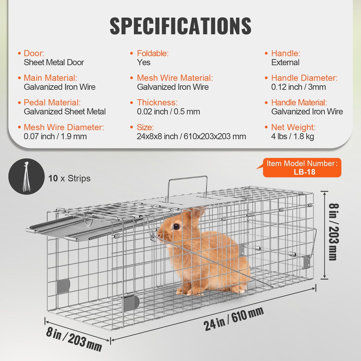 Live Animal Cage Trap, 61 x 20.3 x 20.3 cm Humane Cat Trap Galvanized Iron, Folding Animal Trap with Handle for Rabbits, Stray Cats, Squirrels, Raccoons, Groundhogs and Opossums
