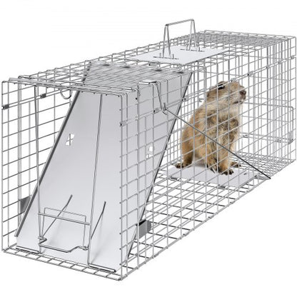 Live Animal Cage Trap, 79 x 25 x 30.5 cm Humane Cat Trap Galvanized Iron, Folding Animal Trap with Handle for Rabbits, Stray Cats, Squirrels, Raccoons, Groundhogs and Opossums
