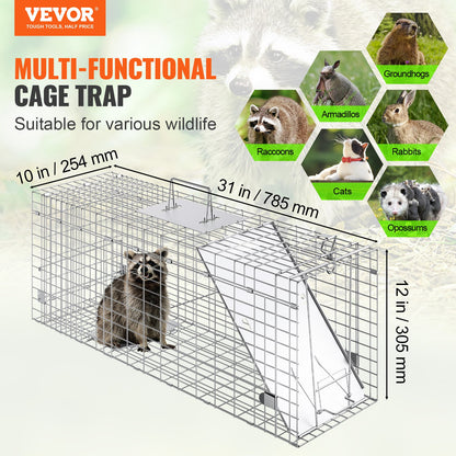 Live Animal Cage Trap, 79 x 25 x 30.5 cm Humane Cat Trap Galvanized Iron, Folding Animal Trap with Handle for Rabbits, Stray Cats, Squirrels, Raccoons, Groundhogs and Opossums