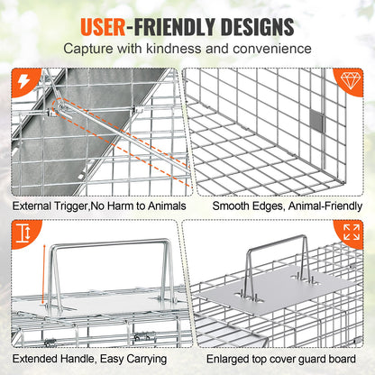 Live Animal Cage Trap, 79 x 25 x 30.5 cm Humane Cat Trap Galvanized Iron, Folding Animal Trap with Handle for Rabbits, Stray Cats, Squirrels, Raccoons, Groundhogs and Opossums