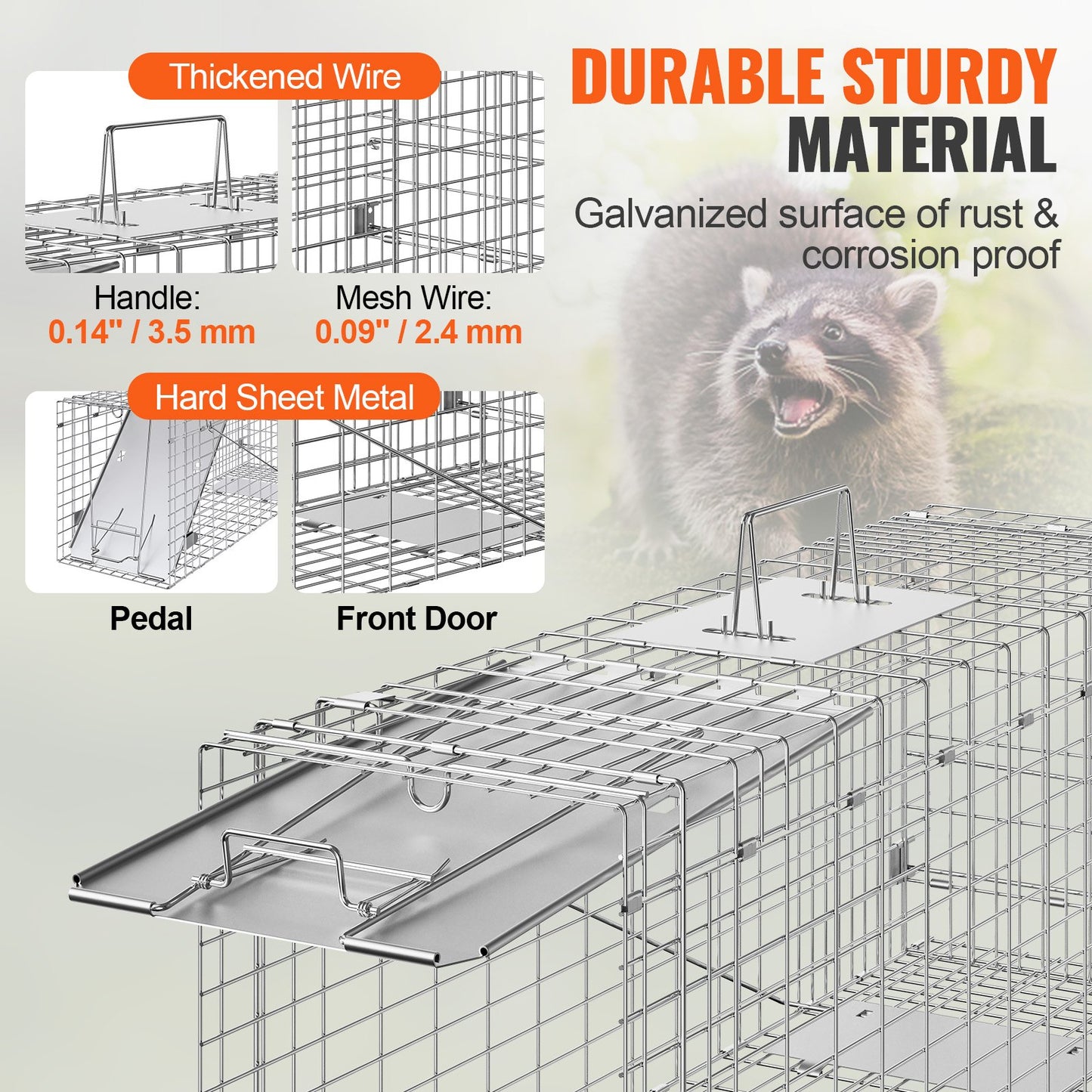 Live Animal Cage Trap, 79 x 25 x 30.5 cm Humane Cat Trap Galvanized Iron, Folding Animal Trap with Handle for Rabbits, Stray Cats, Squirrels, Raccoons, Groundhogs and Opossums