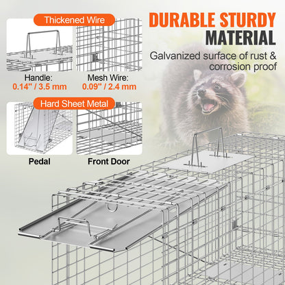 Live Animal Cage Trap, 79 x 25 x 30.5 cm Humane Cat Trap Galvanized Iron, Folding Animal Trap with Handle for Rabbits, Stray Cats, Squirrels, Raccoons, Groundhogs and Opossums