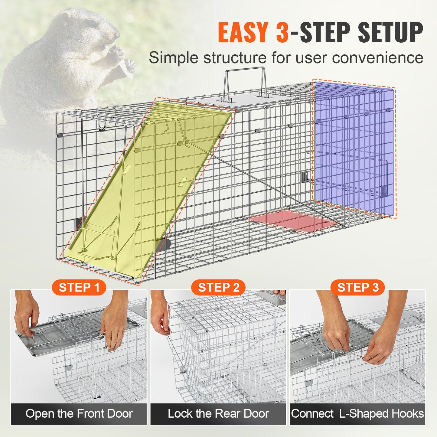 Live Animal Cage Trap, 79 x 25 x 30.5 cm Humane Cat Trap Galvanized Iron, Folding Animal Trap with Handle for Rabbits, Stray Cats, Squirrels, Raccoons, Groundhogs and Opossums