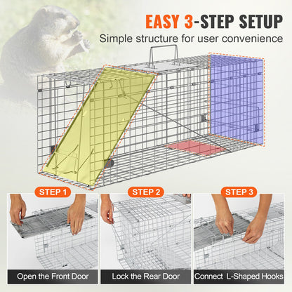 Live Animal Cage Trap, 79 x 25 x 30.5 cm Humane Cat Trap Galvanized Iron, Folding Animal Trap with Handle for Rabbits, Stray Cats, Squirrels, Raccoons, Groundhogs and Opossums