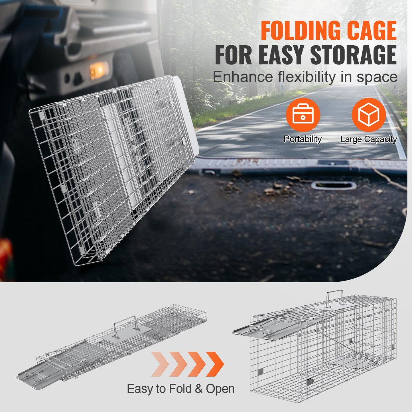 Live Animal Cage Trap, 79 x 25 x 30.5 cm Humane Cat Trap Galvanized Iron, Folding Animal Trap with Handle for Rabbits, Stray Cats, Squirrels, Raccoons, Groundhogs and Opossums