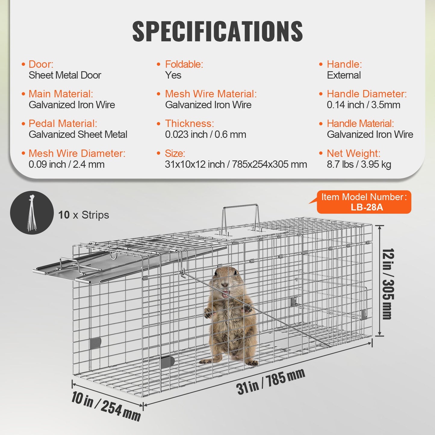 Live Animal Cage Trap, 79 x 25 x 30.5 cm Humane Cat Trap Galvanized Iron, Folding Animal Trap with Handle for Rabbits, Stray Cats, Squirrels, Raccoons, Groundhogs and Opossums