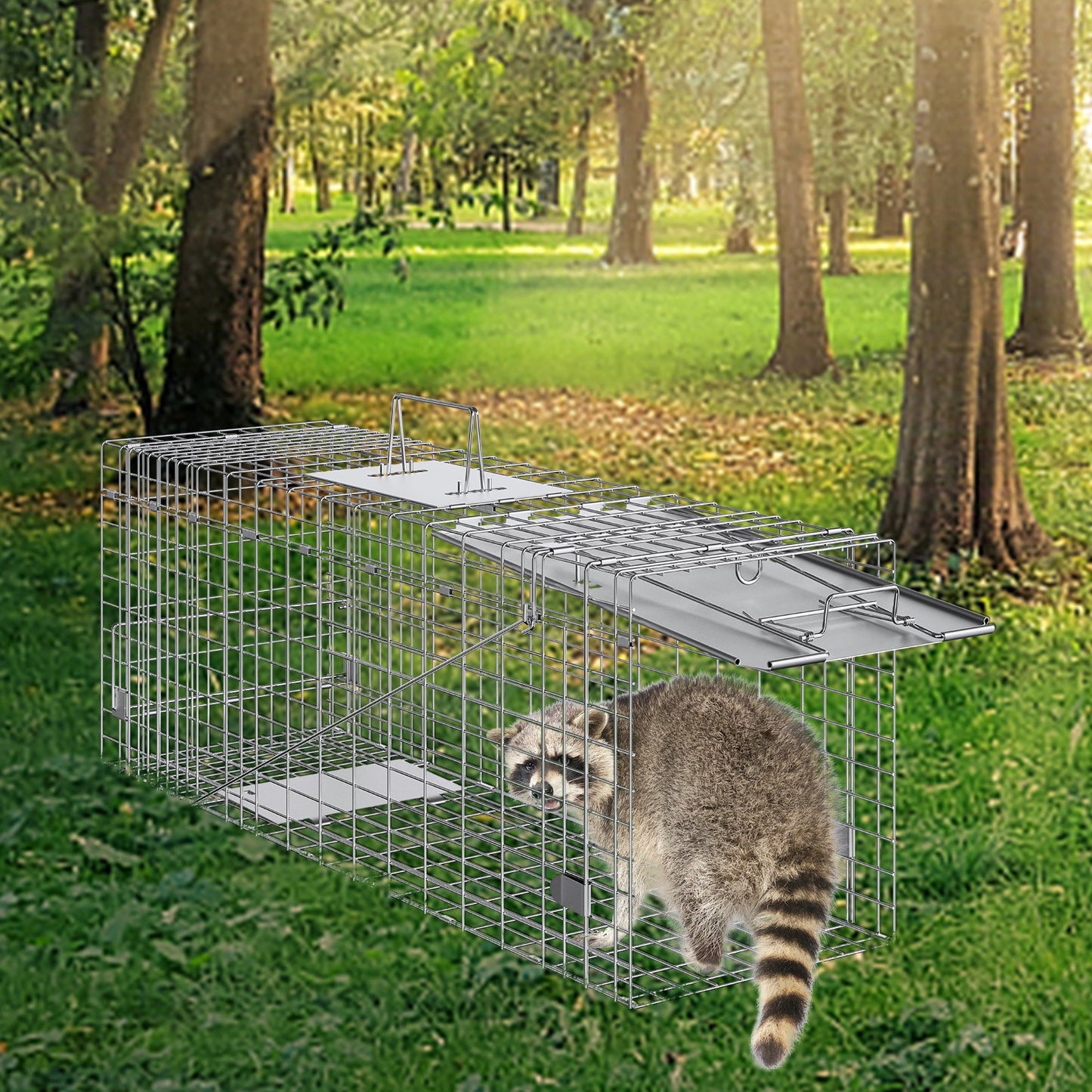 Live Animal Cage Trap, 79 x 25 x 30.5 cm Humane Cat Trap Galvanized Iron, Folding Animal Trap with Handle for Rabbits, Stray Cats, Squirrels, Raccoons, Groundhogs and Opossums