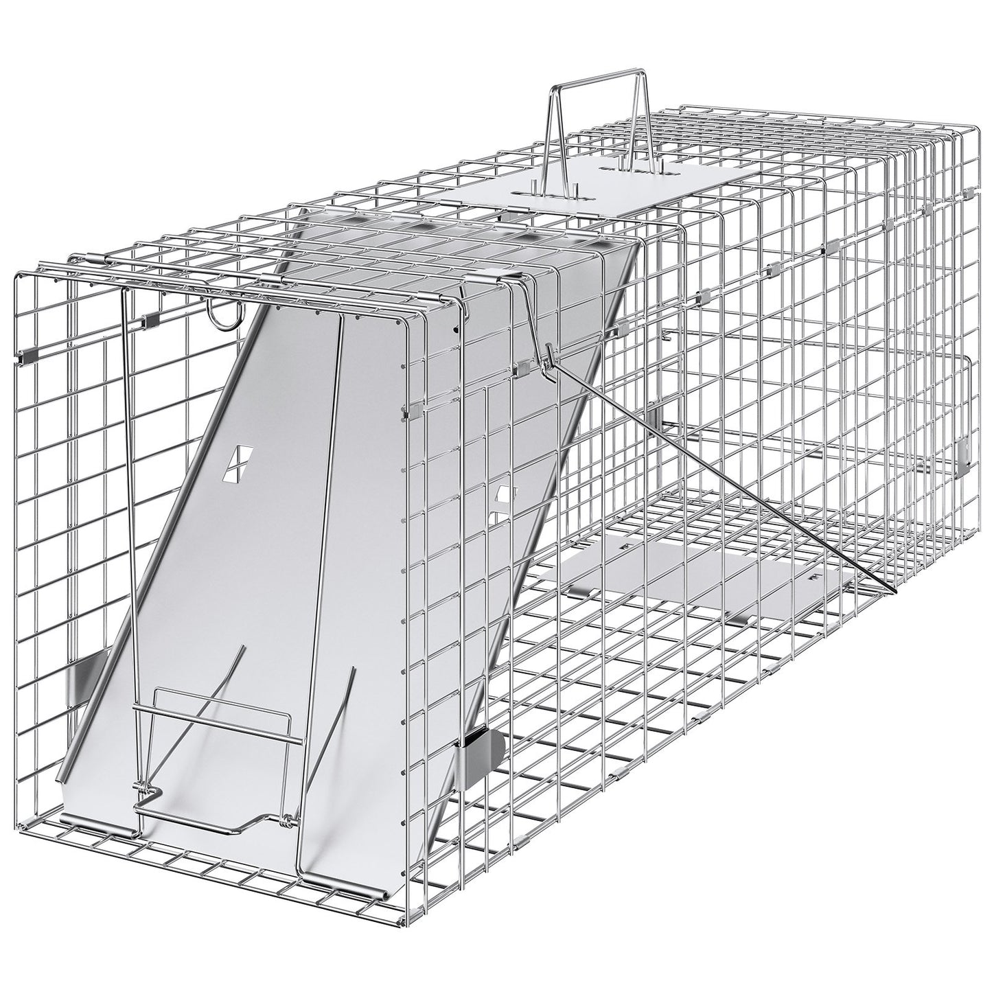 Live Animal Cage Trap, 79 x 25 x 30.5 cm Humane Cat Trap Galvanized Iron, Folding Animal Trap with Handle for Rabbits, Stray Cats, Squirrels, Raccoons, Groundhogs and Opossums