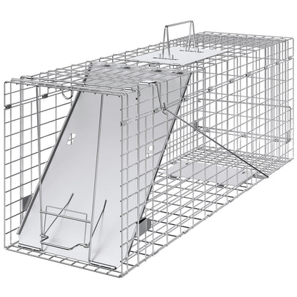 Live Animal Cage Trap, 79 x 25 x 30.5 cm Humane Cat Trap Galvanized Iron, Folding Animal Trap with Handle for Rabbits, Stray Cats, Squirrels, Raccoons, Groundhogs and Opossums