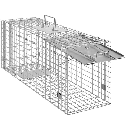 Live Animal Cage Trap, 79 x 25 x 30.5 cm Humane Cat Trap Galvanized Iron, Folding Animal Trap with Handle for Rabbits, Stray Cats, Squirrels, Raccoons, Groundhogs and Opossums