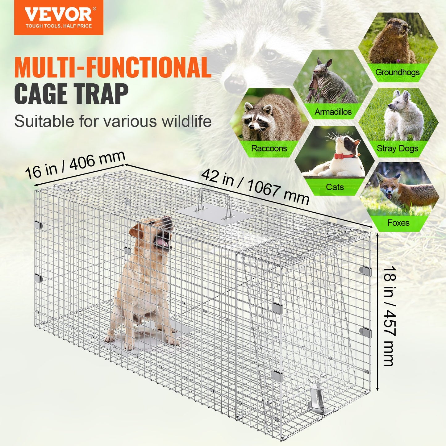 Live Animal Cage Trap 106.7 x 40.6 x 45.7 cm Humane Cat Trap Cats Squirrels Mouse