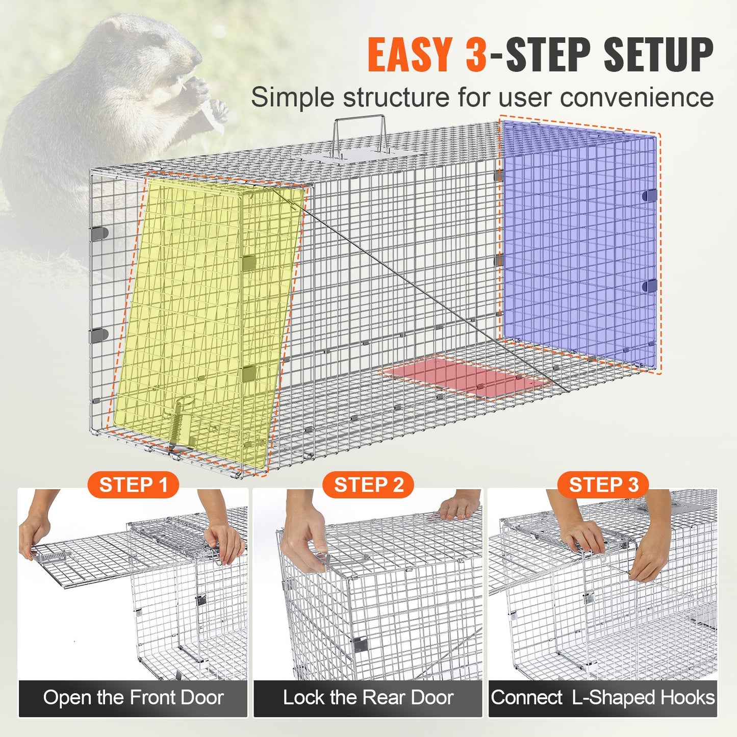 Live Animal Cage Trap 106.7 x 40.6 x 45.7 cm Humane Cat Trap Cats Squirrels Mouse