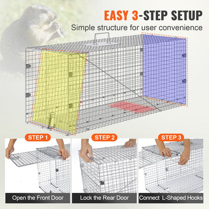 Live Animal Cage Trap 106.7 x 40.6 x 45.7 cm Humane Cat Trap Cats Squirrels Mouse