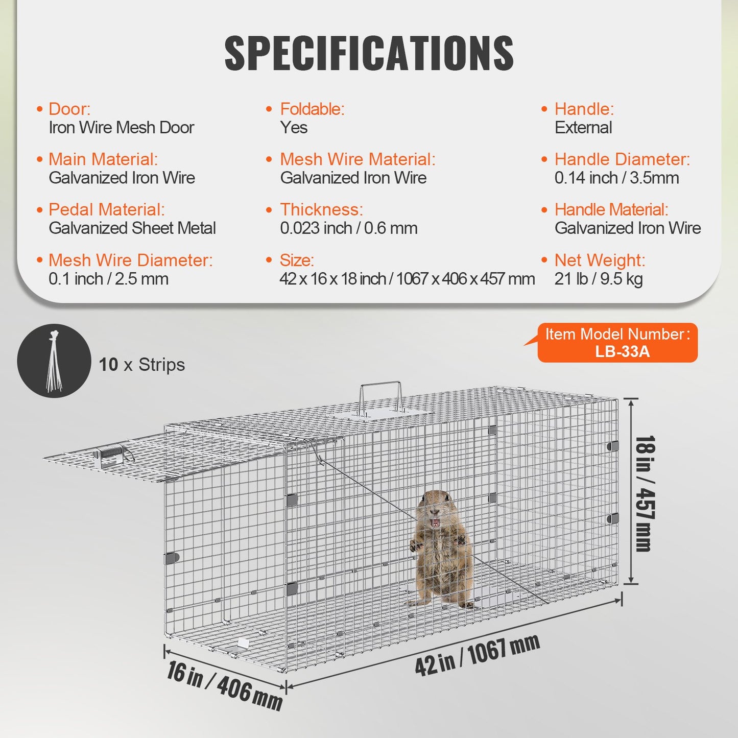 Live Animal Cage Trap 106.7 x 40.6 x 45.7 cm Humane Cat Trap Cats Squirrels Mouse