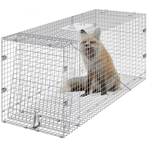 Live Animal Cage Trap, 50" x 20" x 26" Humane Cat Trap Galvanized Iron, Folding Animal Trap with Handle for Stray Dogs, Armadillos, Raccoons, Marmots, Foxes