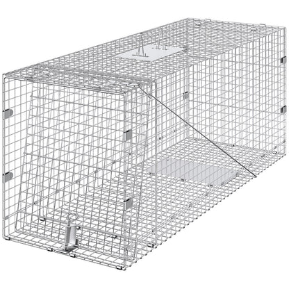 Live Animal Cage Trap, 50" x 20" x 26" Humane Cat Trap Galvanized Iron, Folding Animal Trap with Handle for Stray Dogs, Armadillos, Raccoons, Marmots, Foxes