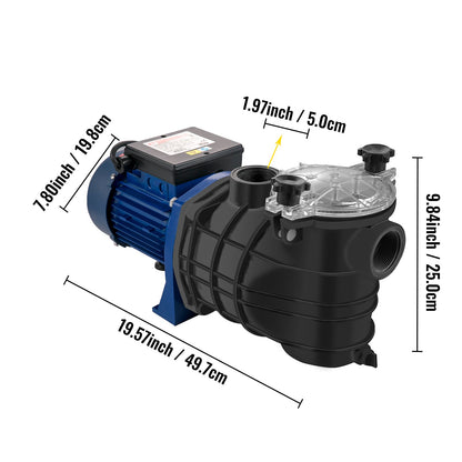 750 W(1 HP) Pool Pump, 15000 L/h 750W Pool Pump In/Ground Swimming Pool Pump with Strainer Basket Pool Pump Motor for Clean Swimming Pool Water 50 mm(1.97") Inlet/Outlet pool filter pump with 2 Fitting Hoses