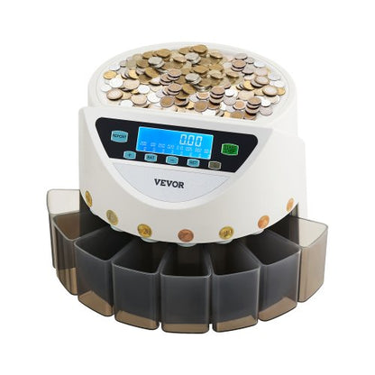 EURO Coin Sorter, Coin Counter Machine for 8 Kinds of Euro Coins, Coin Sorter and Wrapper Machine Holds up to 850 Coins, Large LCD Display Coin Storage Included 5 Coin Tubes and Boxes