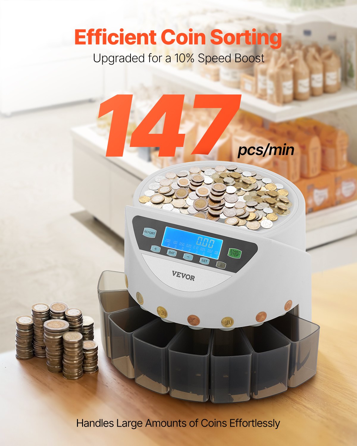 EURO Coin Sorter, Coin Counter Machine for 8 Kinds of Euro Coins, Coin Sorter and Wrapper Machine Holds up to 850 Coins, Large LCD Display Coin Storage Included 5 Coin Tubes and Boxes