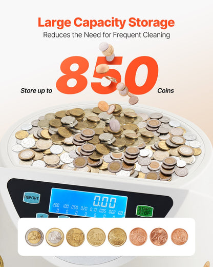 EURO Coin Sorter, Coin Counter Machine for 8 Kinds of Euro Coins, Coin Sorter and Wrapper Machine Holds up to 850 Coins, Large LCD Display Coin Storage Included 5 Coin Tubes and Boxes