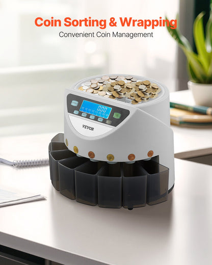 EURO Coin Sorter, Coin Counter Machine for 8 Kinds of Euro Coins, Coin Sorter and Wrapper Machine Holds up to 850 Coins, Large LCD Display Coin Storage Included 5 Coin Tubes and Boxes
