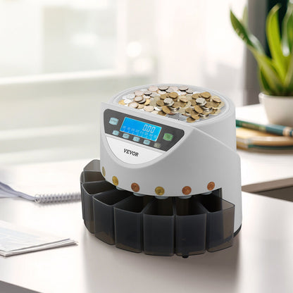 EURO Coin Sorter, Coin Counter Machine for 8 Kinds of Euro Coins, Coin Sorter and Wrapper Machine Holds up to 850 Coins, Large LCD Display Coin Storage Included 5 Coin Tubes and Boxes