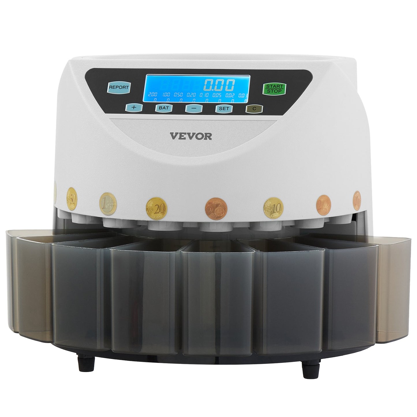 EURO Coin Sorter, Coin Counter Machine for 8 Kinds of Euro Coins, Coin Sorter and Wrapper Machine Holds up to 850 Coins, Large LCD Display Coin Storage Included 5 Coin Tubes and Boxes